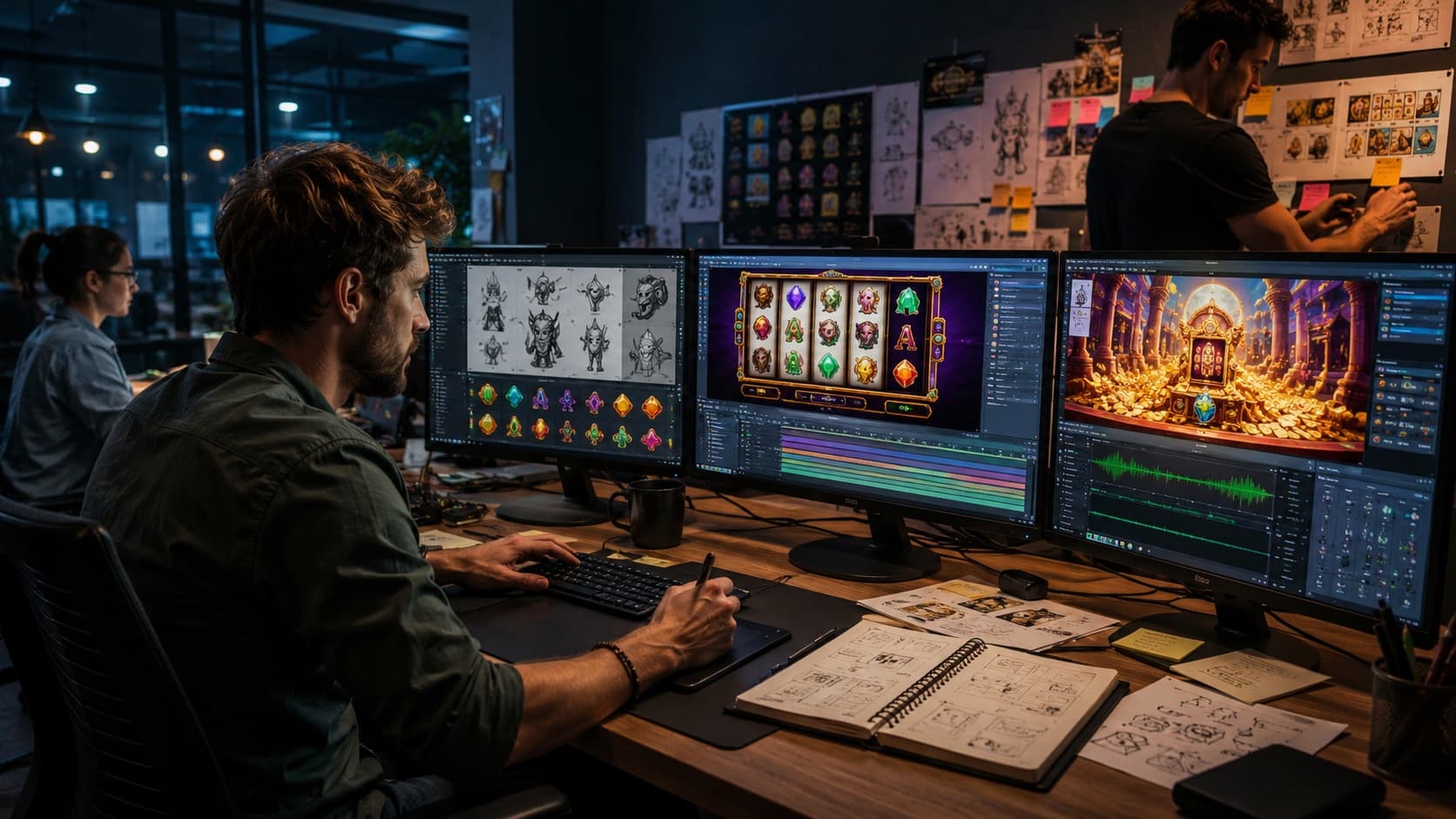Game studio team designing slot machine symbols, reels and audio on multiple monitors