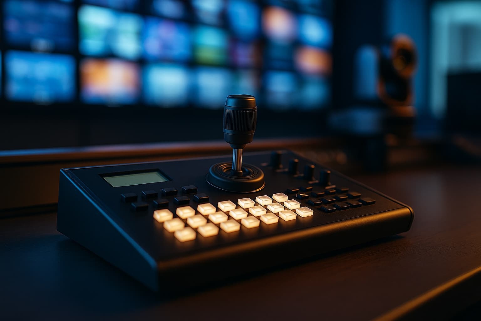 Broadcast PTZ camera joystick controller with illuminated preset buttons on a control room desk