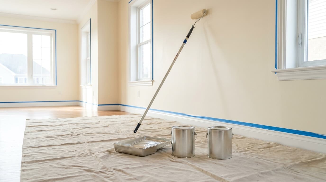 Living room being repainted with roller, drop cloth and paint cans