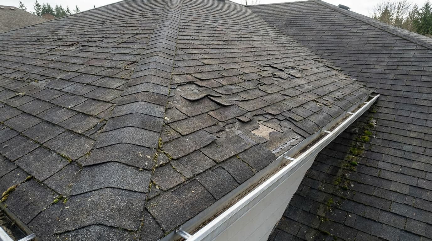 Aging asphalt shingle roof with curling and missing shingles