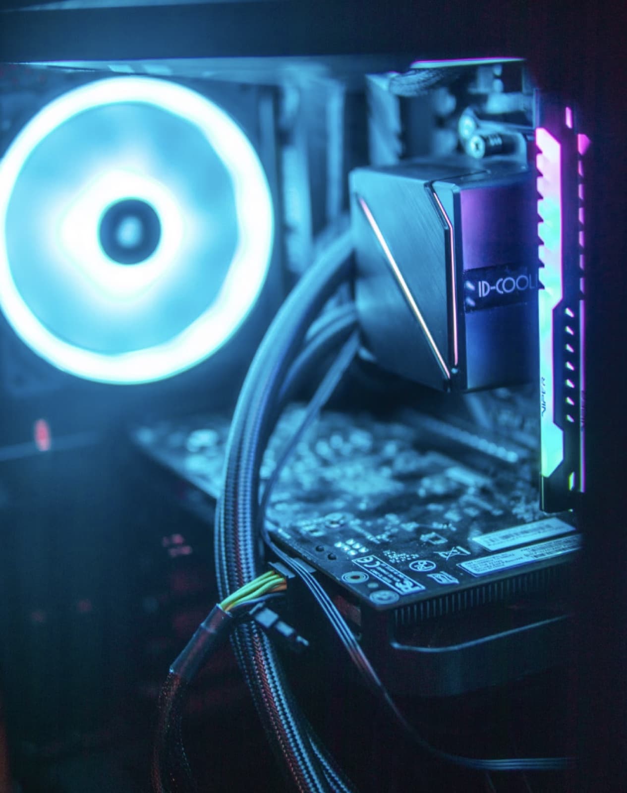 Inside of a custom-built gaming PC with RGB cooling