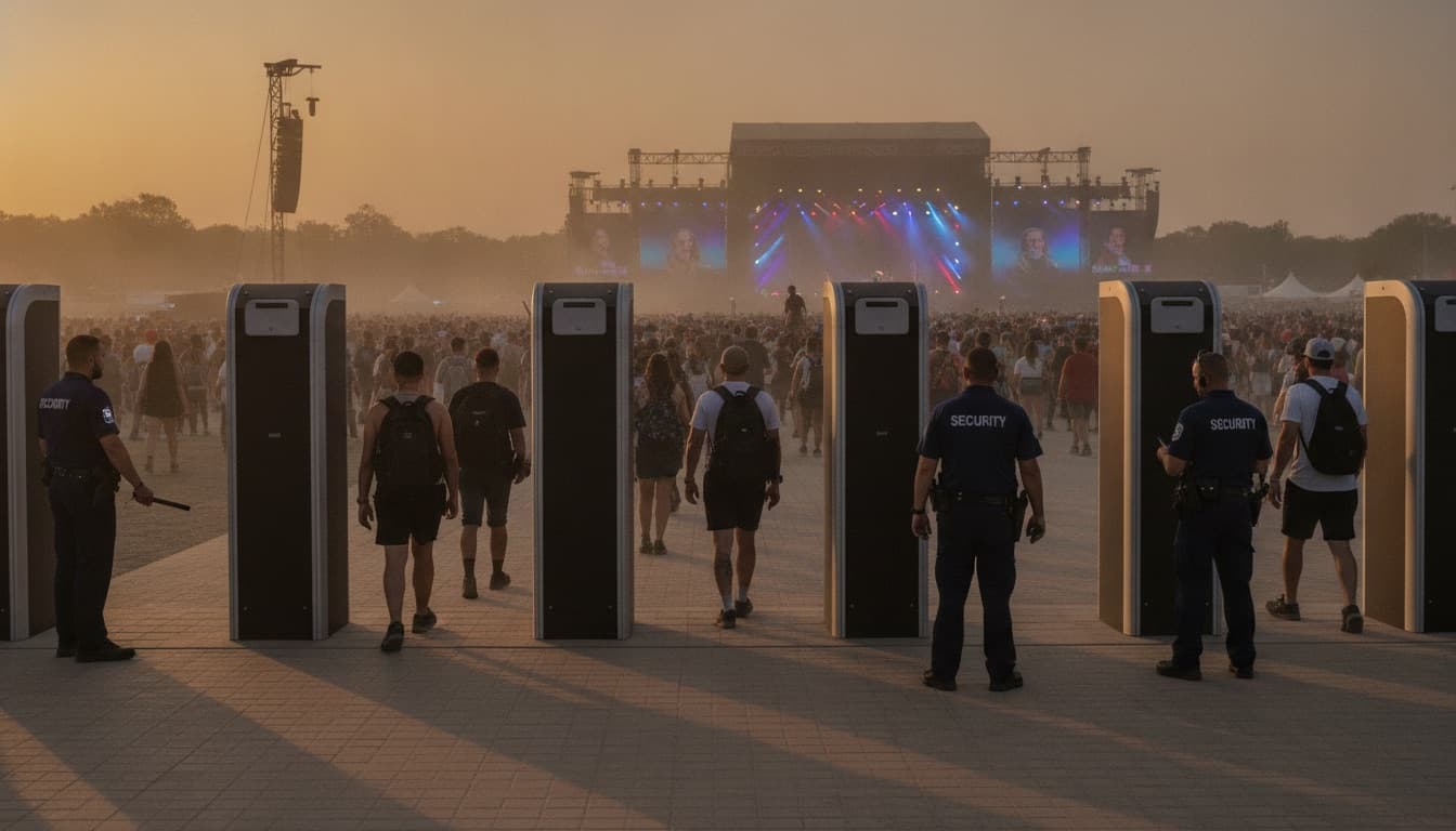 Attendees walking through weapons detection scanners at a festival entrance