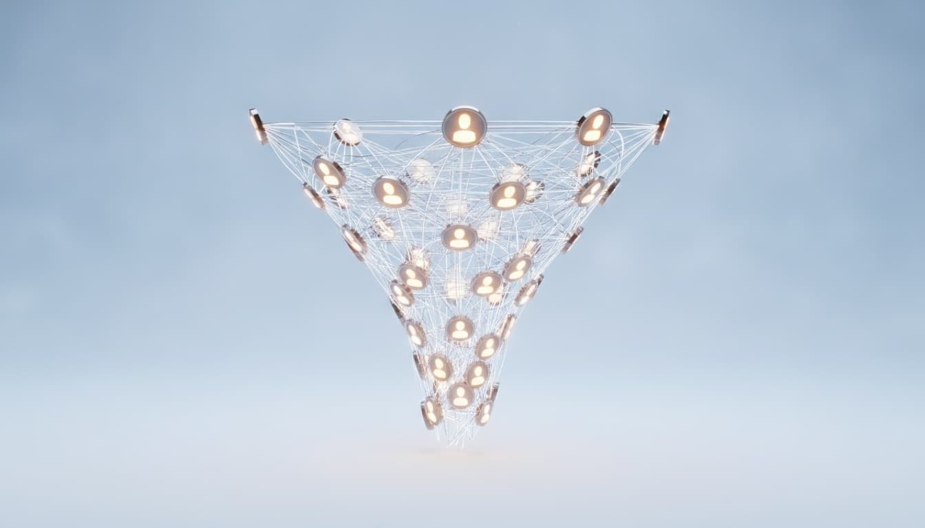Network of professional profiles converging into a lead generation funnel