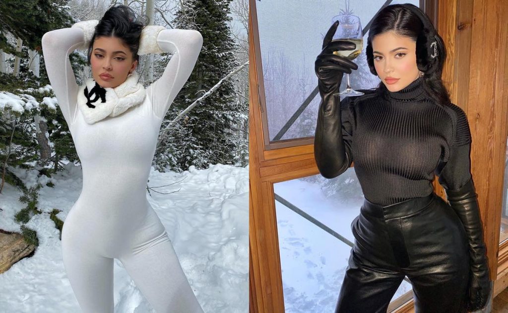Kylie Jenner wearing white and black winter outfits, leading into 2020