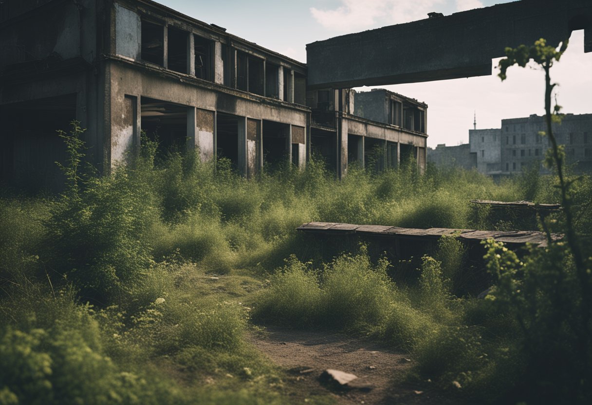 A desolate landscape with abandoned buildings and overgrown vegetation, hinting at a post-apocalyptic world