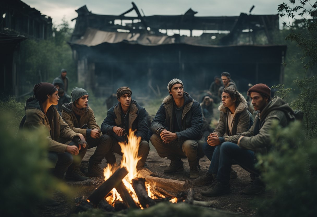 A group of survivors gathers around a campfire in a post-apocalyptic world, with abandoned buildings and overgrown vegetation in the background
