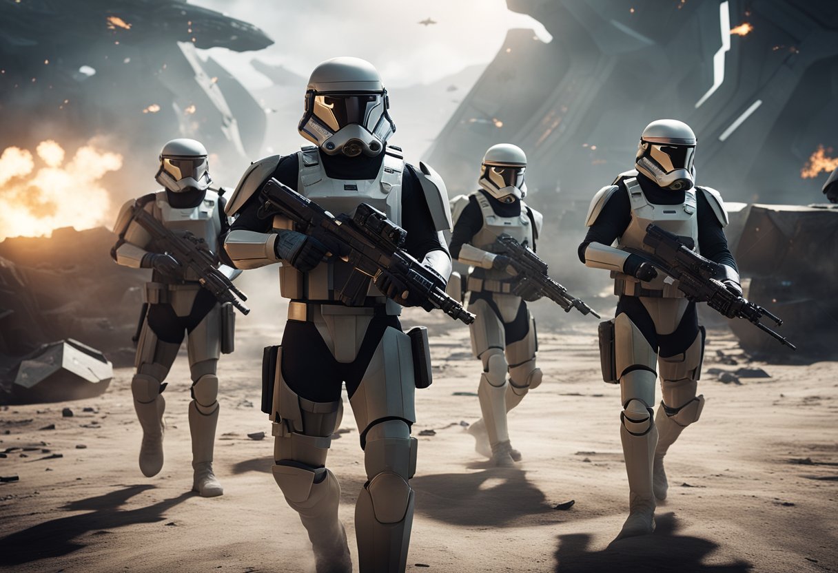 A diverse group of soldiers from different platforms clash in a futuristic battlefield, showcasing the cross-platform compatibility of Battlefront 2