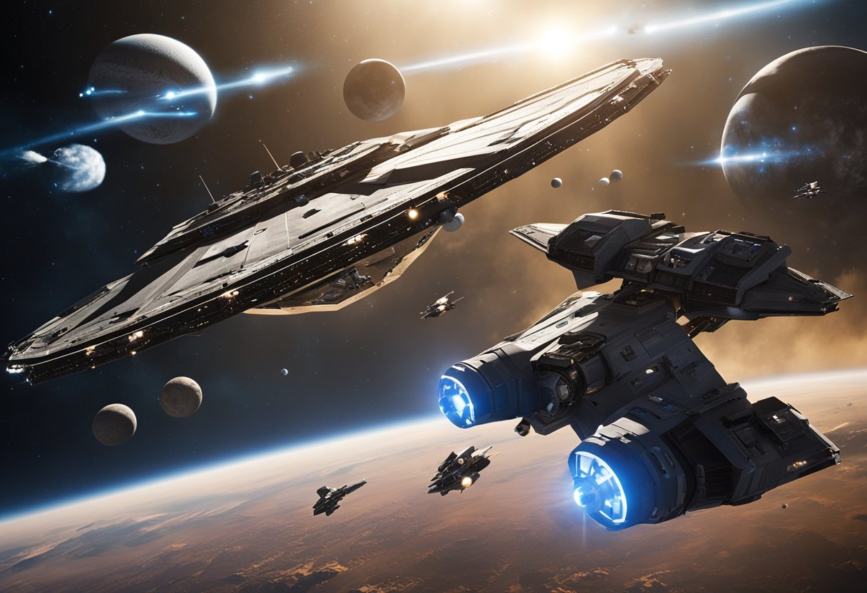 A diverse group of spacecraft engage in combat across various planetary landscapes, showcasing the cross-platform gameplay features of Battlefront 2