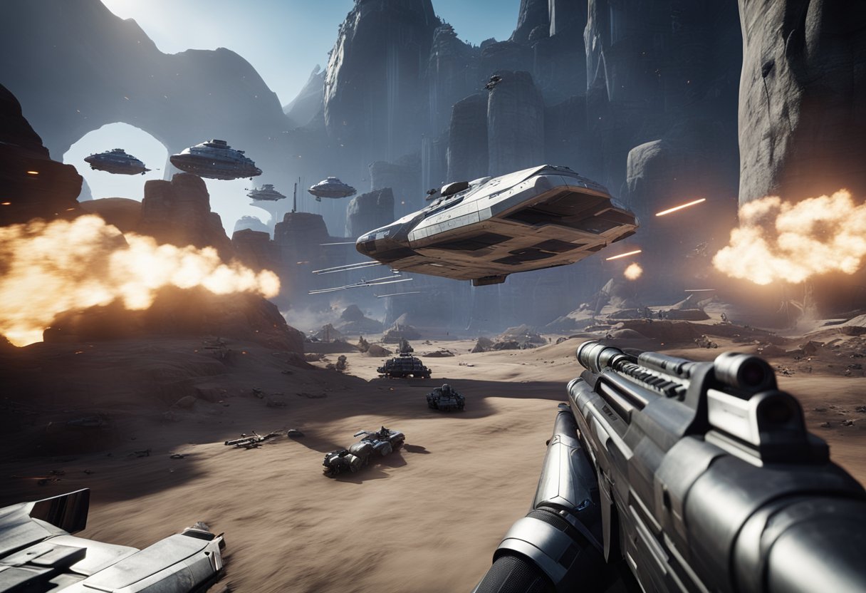 The screen displays Battlefront 2's cross-platform update, with futuristic graphics and a dynamic battlefield