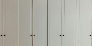 a room with a bunch of white cupboards