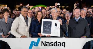 Tim Cook Rings Nasdaq Bell for Apple's 50th Birthday