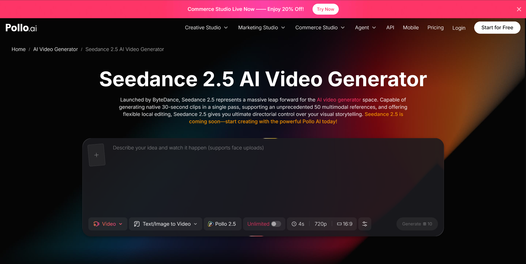 The Seedance 2.5 AI Video Generator page on the Pollo AI website
