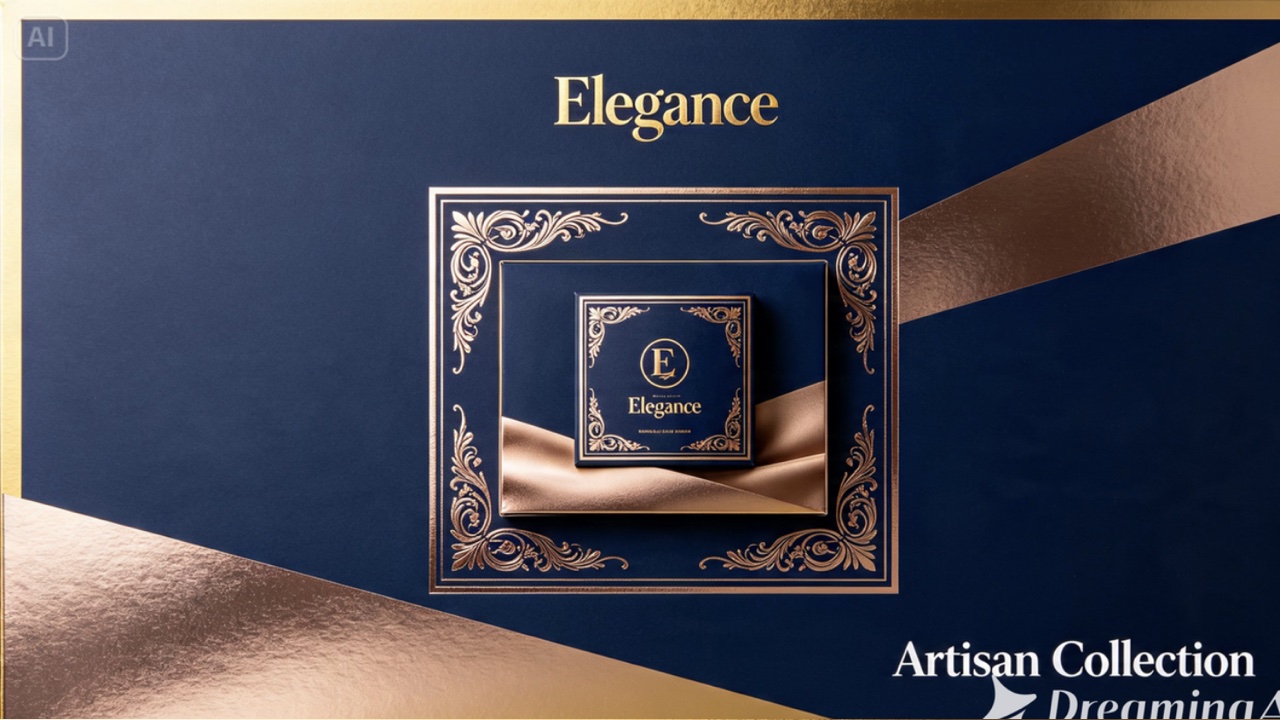 AI-generated packaging scene of a navy and gold Elegance gift box