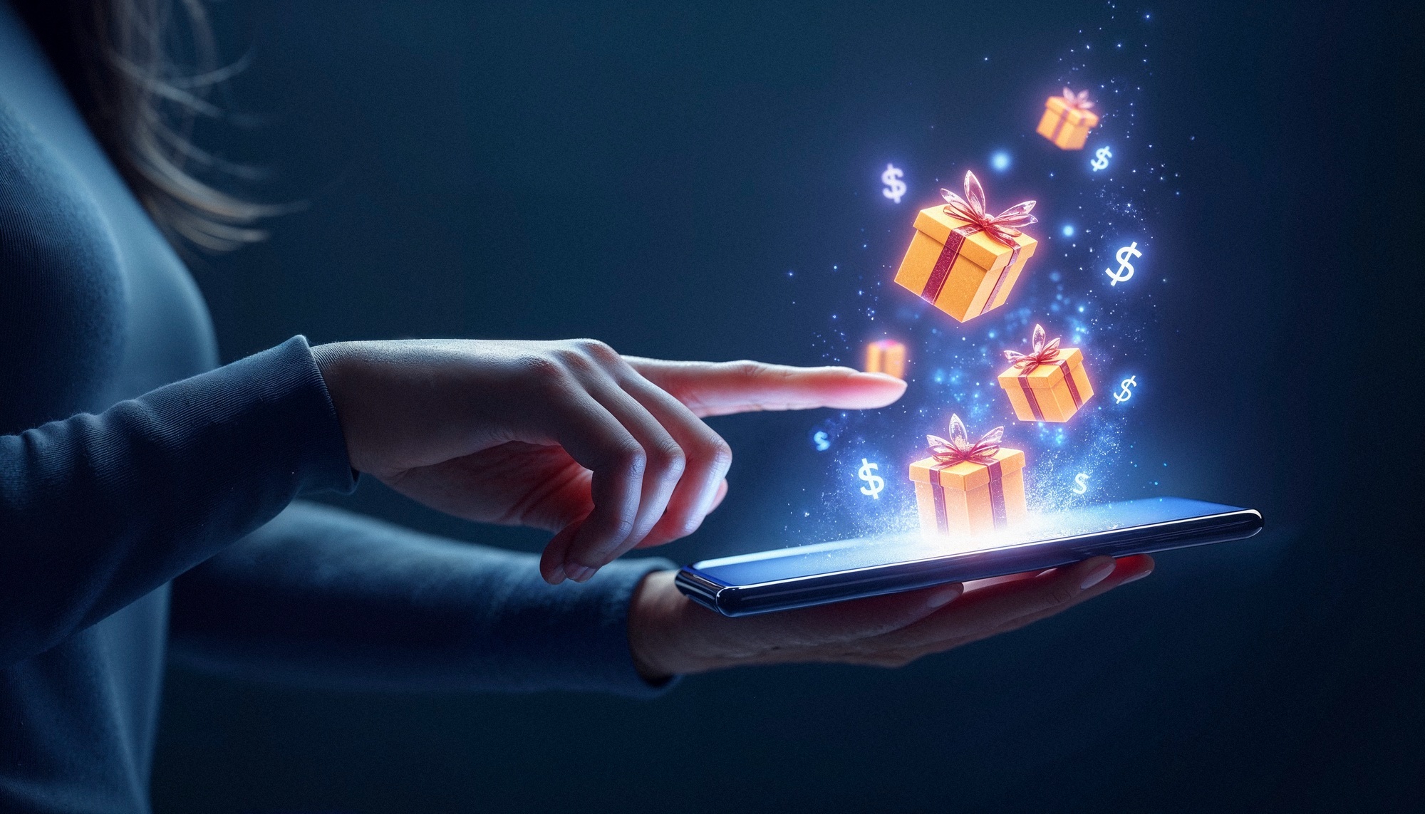 Hand tapping a tablet with bonus gift icons and dollar symbols rising from the screen
