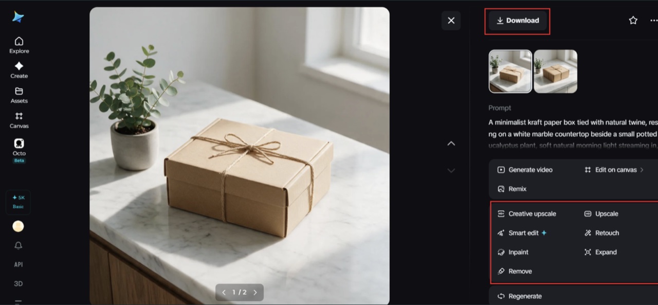 Customizing and downloading a packaging scene in Dreamina