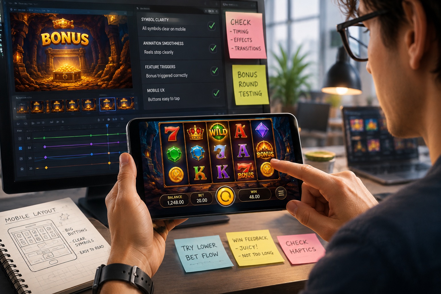Developer testing a slot machine bonus round on a mobile device with QA checklist
