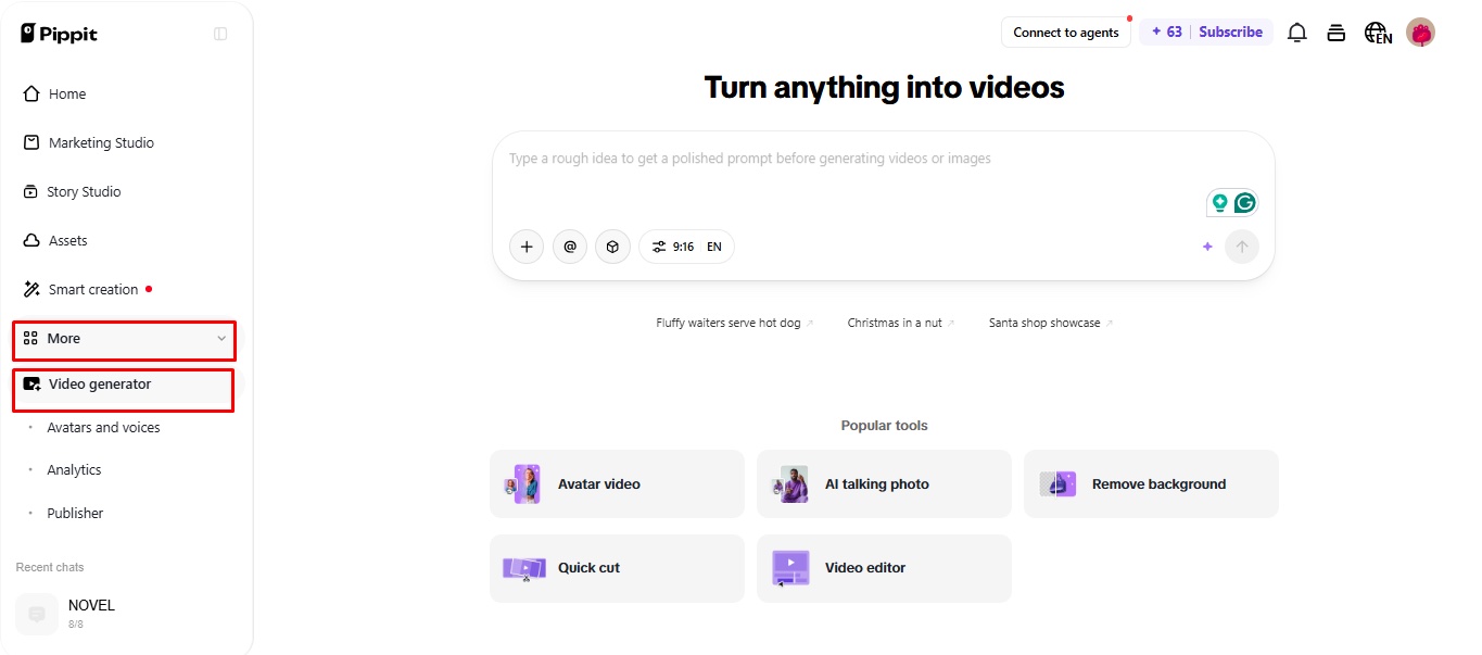 Pippit AI video generator caption styling screenshot