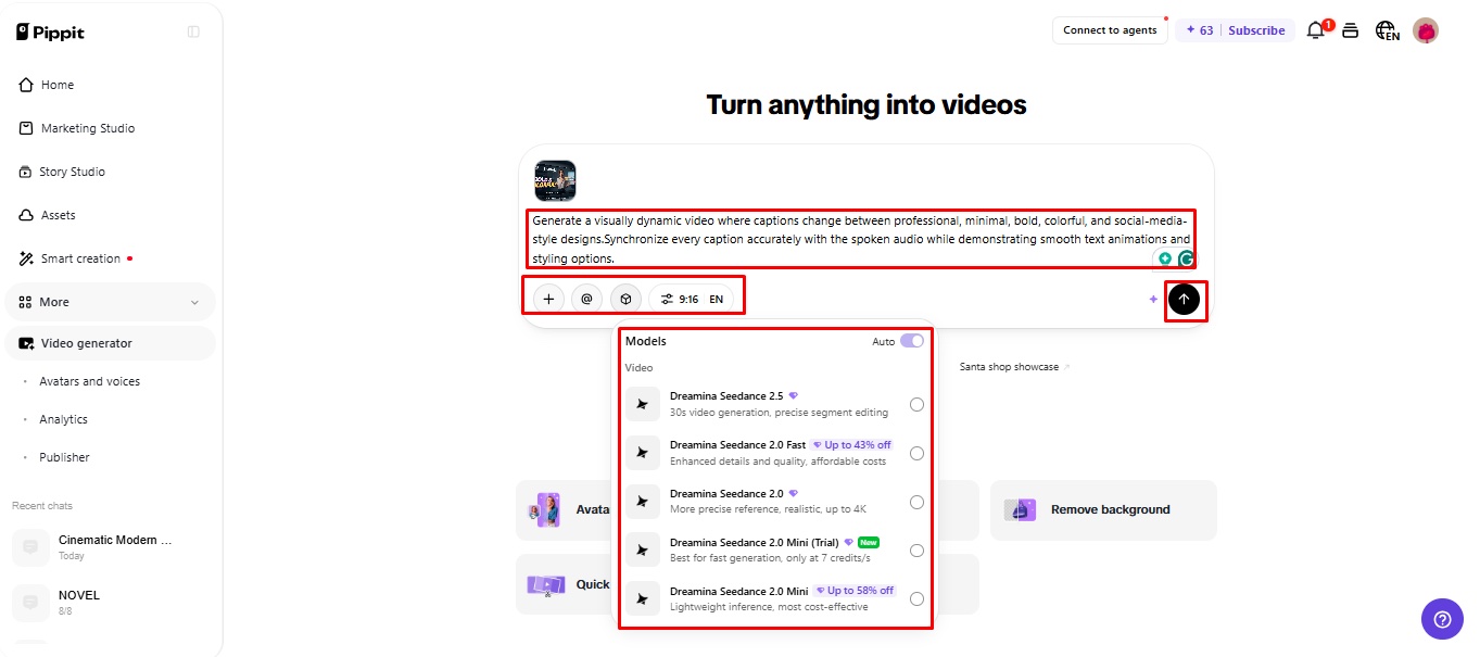 Pippit AI video generator caption styling screenshot