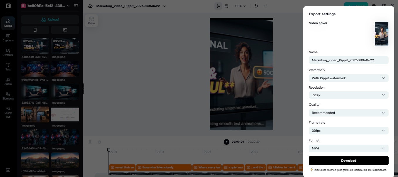 Pippit AI video generator caption styling screenshot